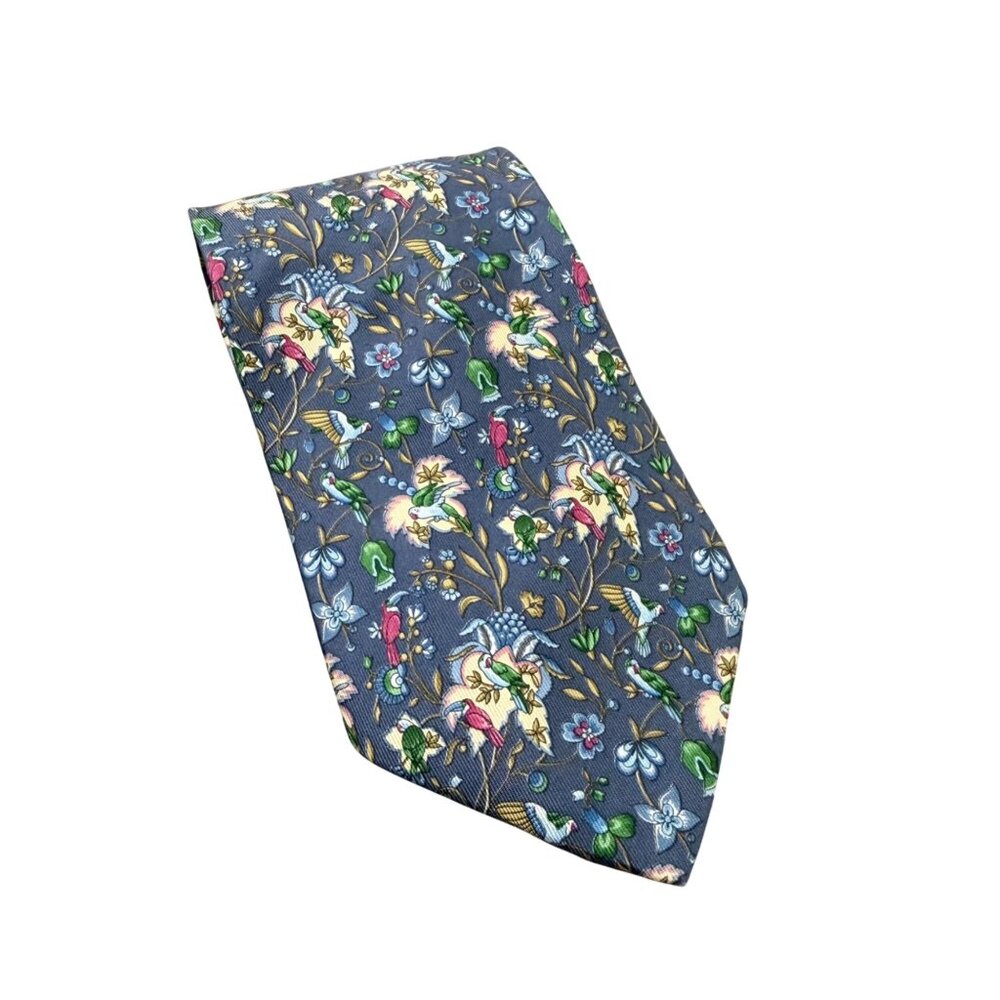 Salvatore Ferragamo Silk Blue Parrot Jungle Floral Whimsical Necktie Mens